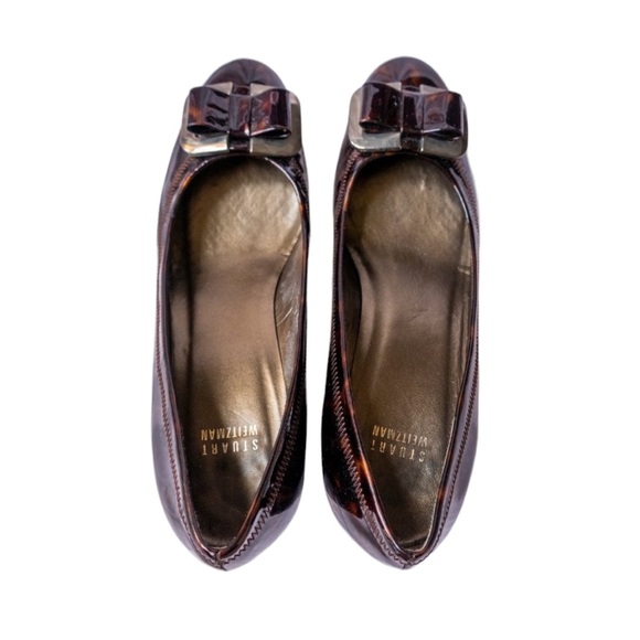 Stuart Weitzman Wedge Tortoise Shell Leather Wedge Flats Buckle Dress Heels - Picture 8 of 10